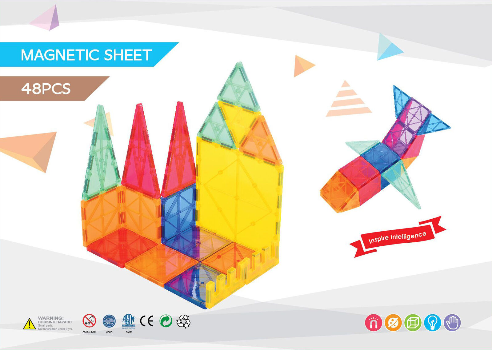 48 Pcs non-toxic STEM Educational, Durable Magnetic Tiles/Puzzle with Storage Bag 6