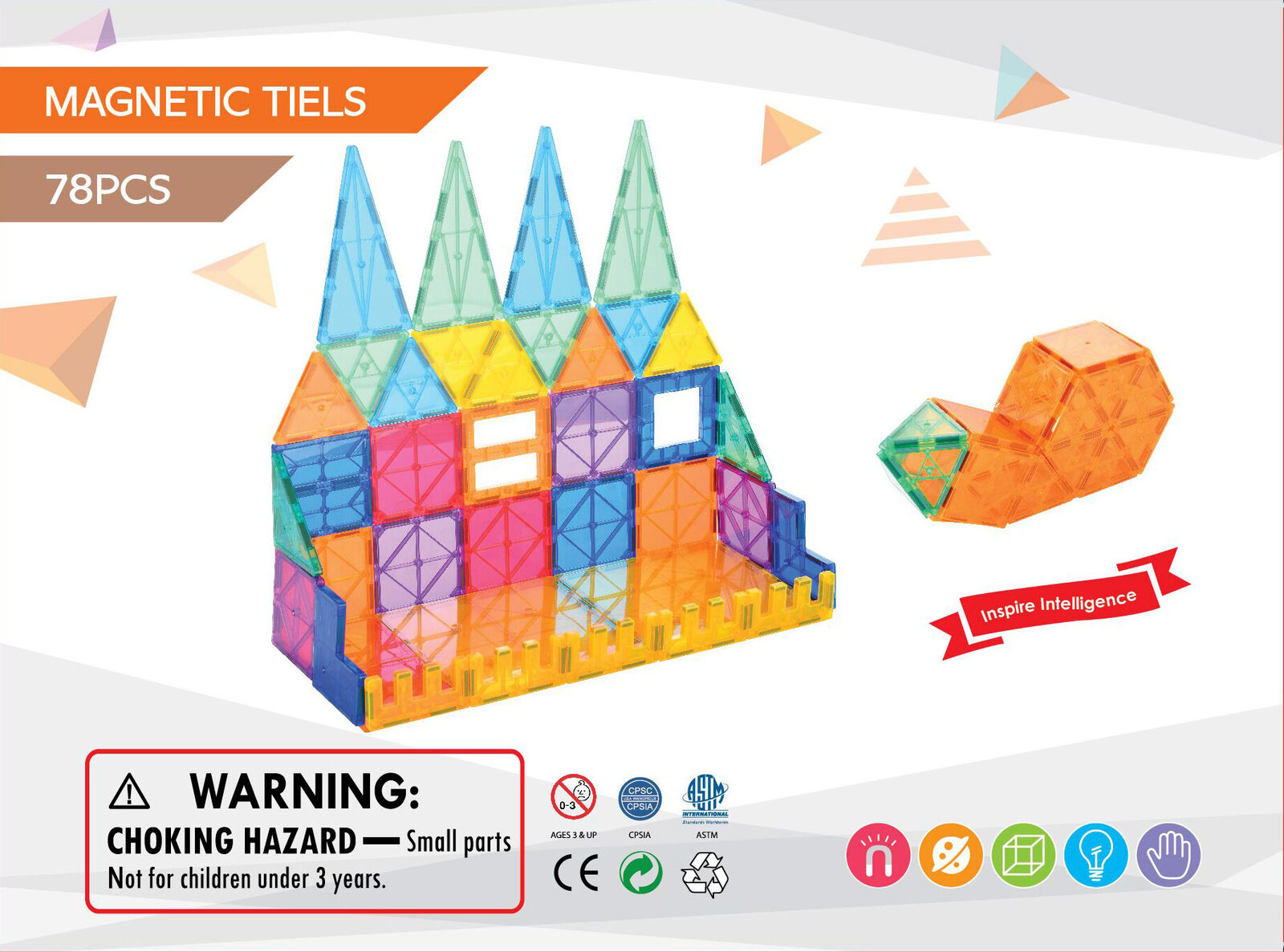 78 Pcs non-toxic STEM Educational, Durable Magnetic Tiles/Puzzle with Storage Bag 6
