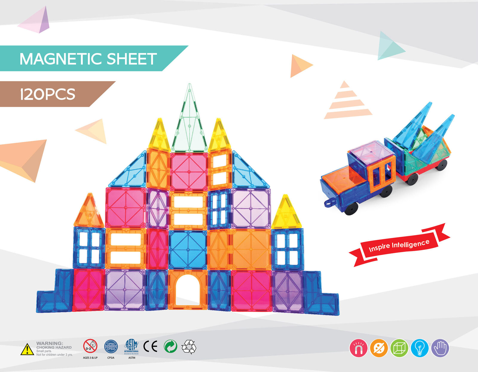 120 Pcs non-toxic STEM Educational, Durable Magnetic Tiles/Puzzle with Storage Bag 5