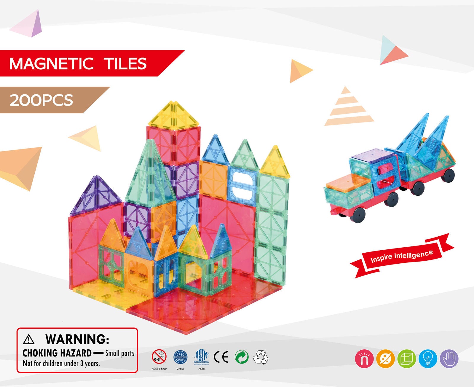 200 Pcs non-toxic STEM Educational, Durable Magnetic Tiles/Puzzle with Storage Bag 5