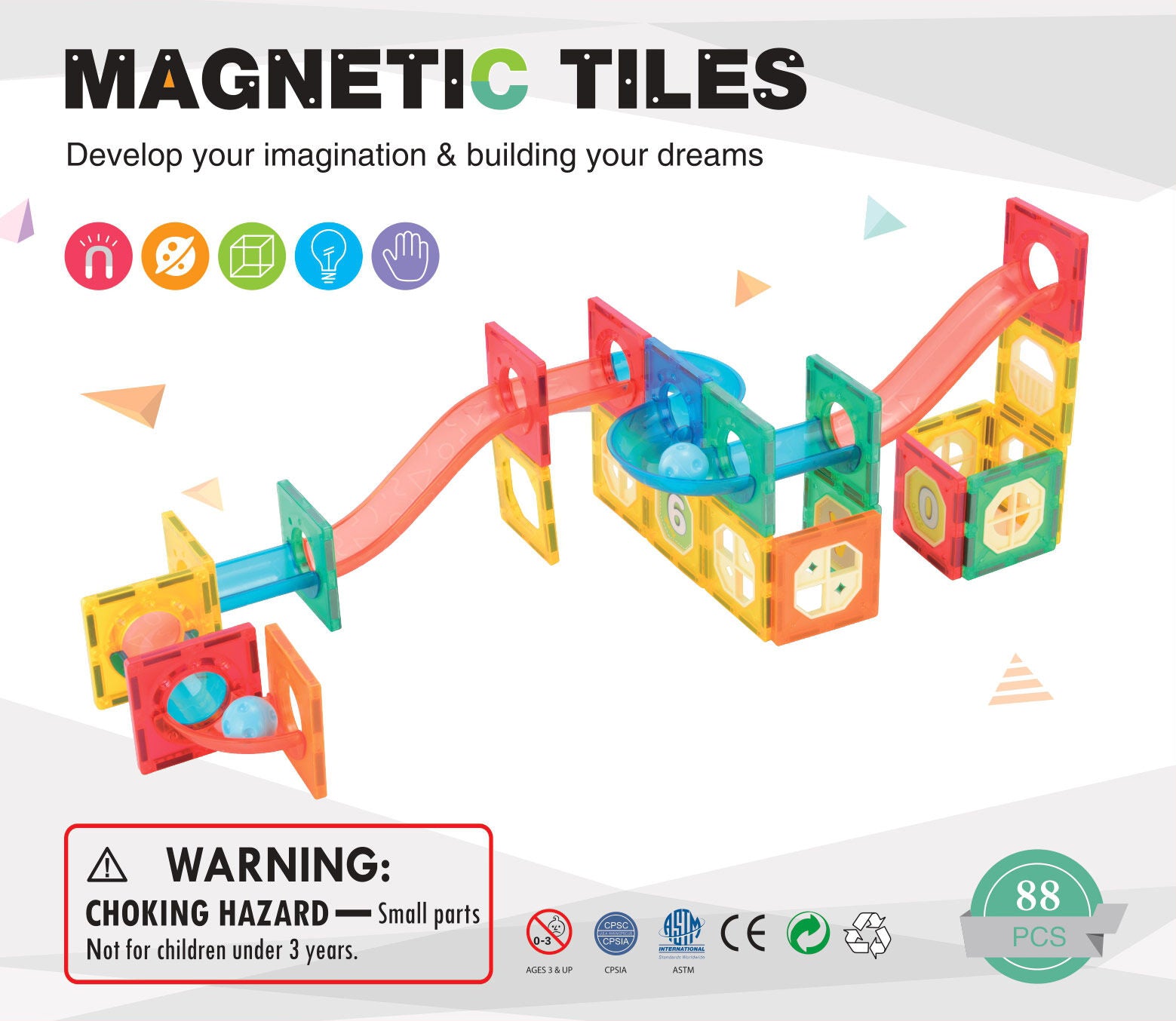 88 Pcs non-toxic STEM Educational, Durable Magnetic Tiles/Puzzle with Storage Bag 5