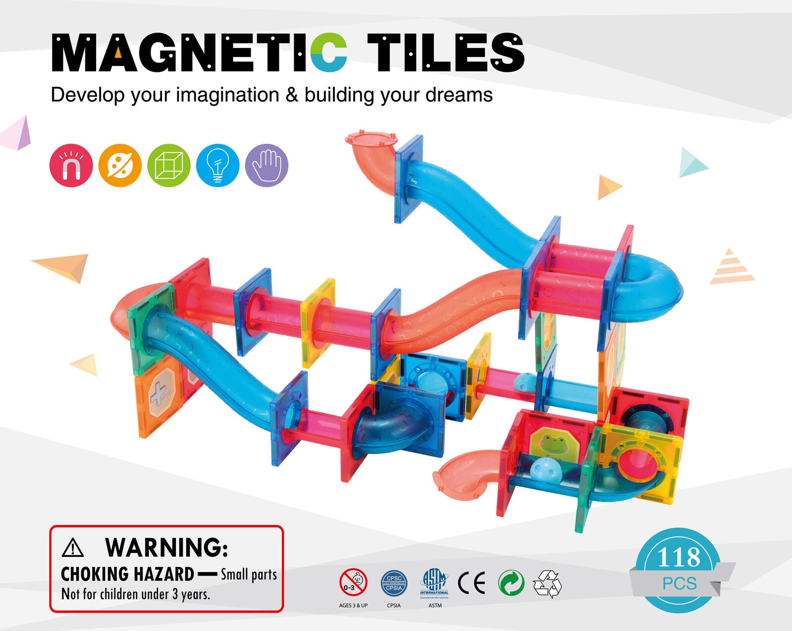 118 Pcs non-toxic STEM Educational, Durable Magnetic Tiles/Puzzle with Storage Bag 5