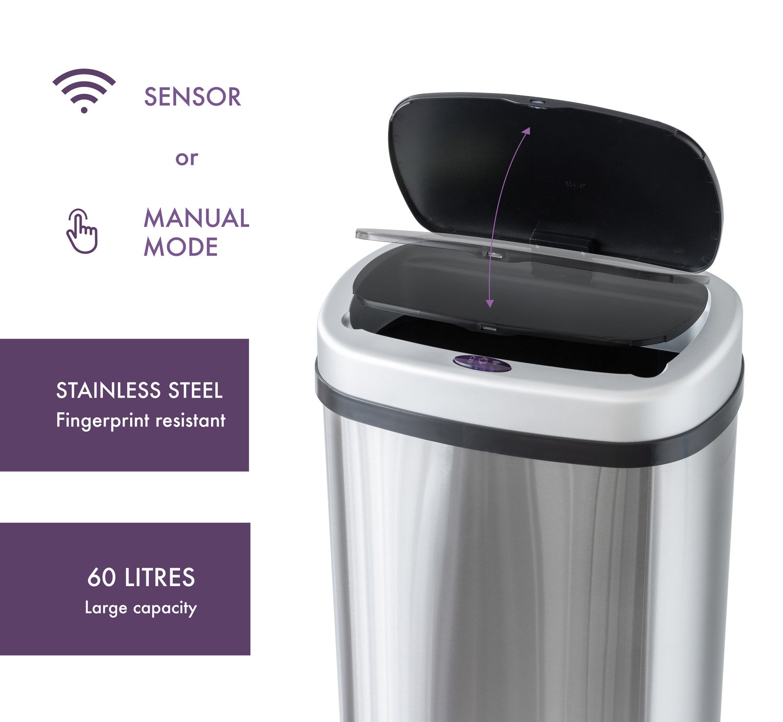 60L Stainless Steel Motion Sensor Rubbish Bin 4