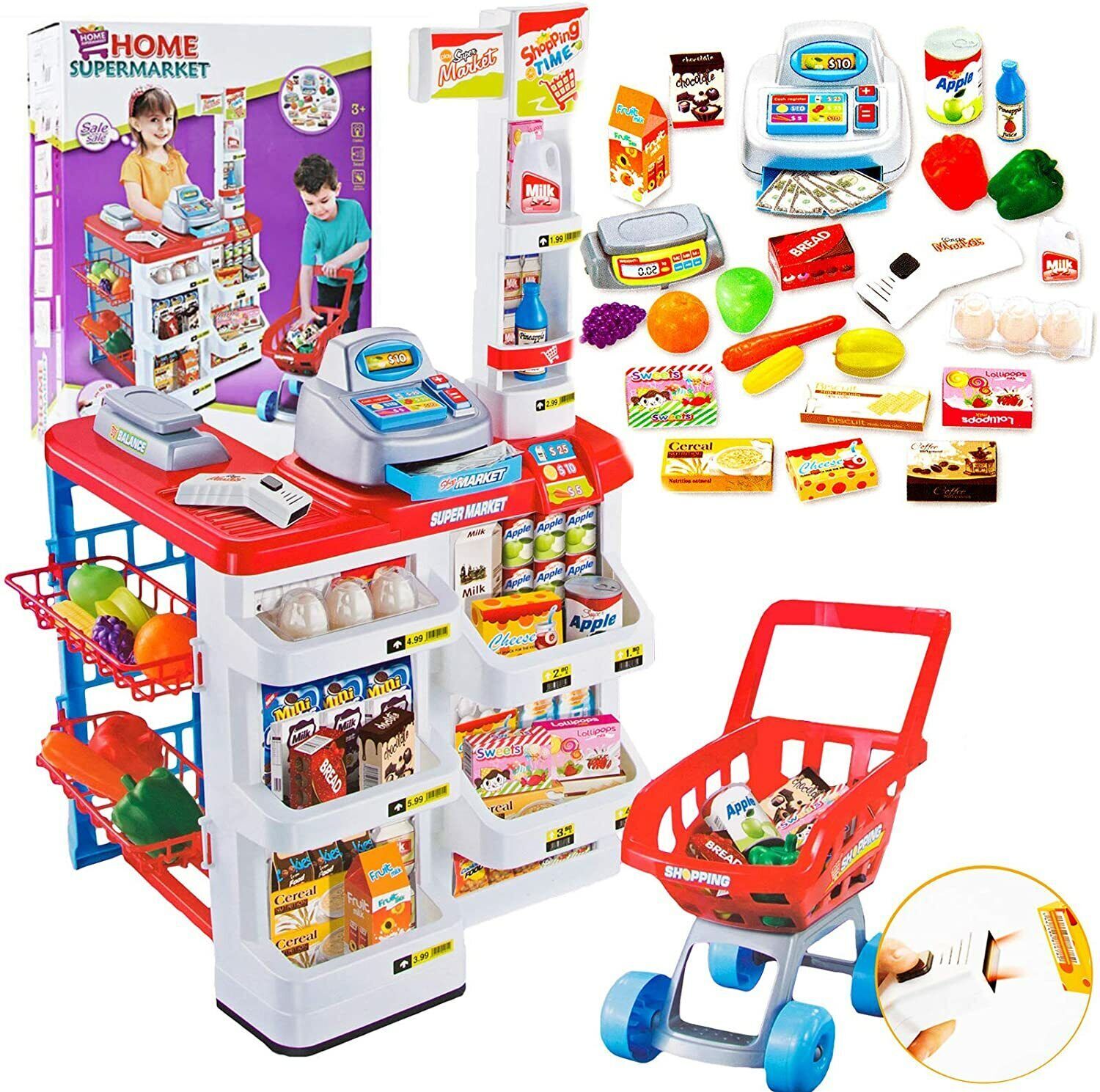 Children's Home Supermarket w/ Toy Cash Register, Trolly, Fruit & More 4