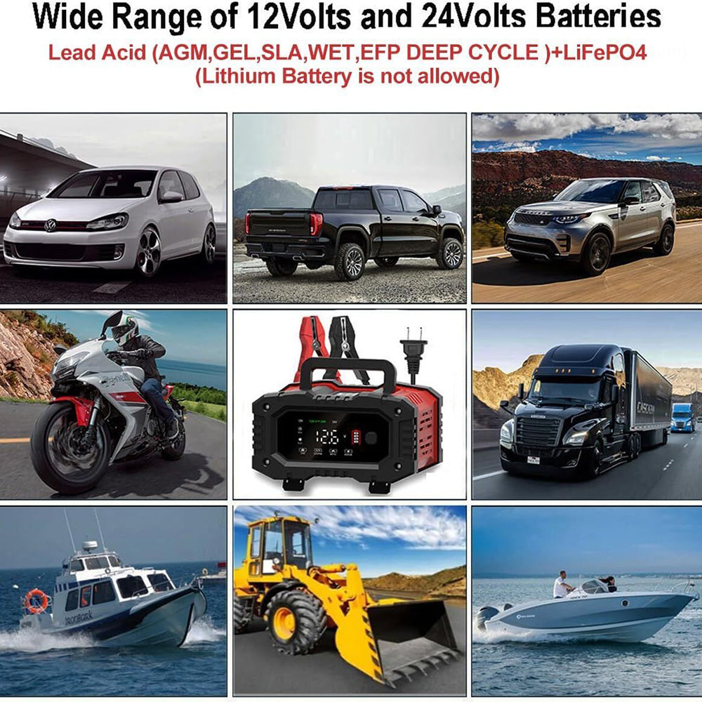 12V 20A/24V 10A Smart Car Battery Charger for Lead Acid LiFePo4 AGM Moto Battery 6