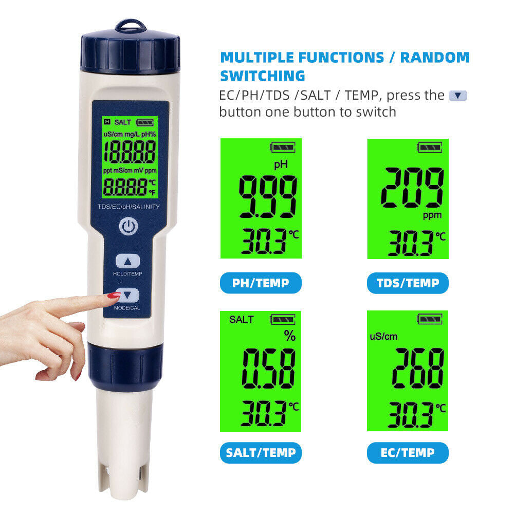 5-IN-1 Digital Water Quality Tester Waterproof pH TDS EC Temperature Meter Pool 3
