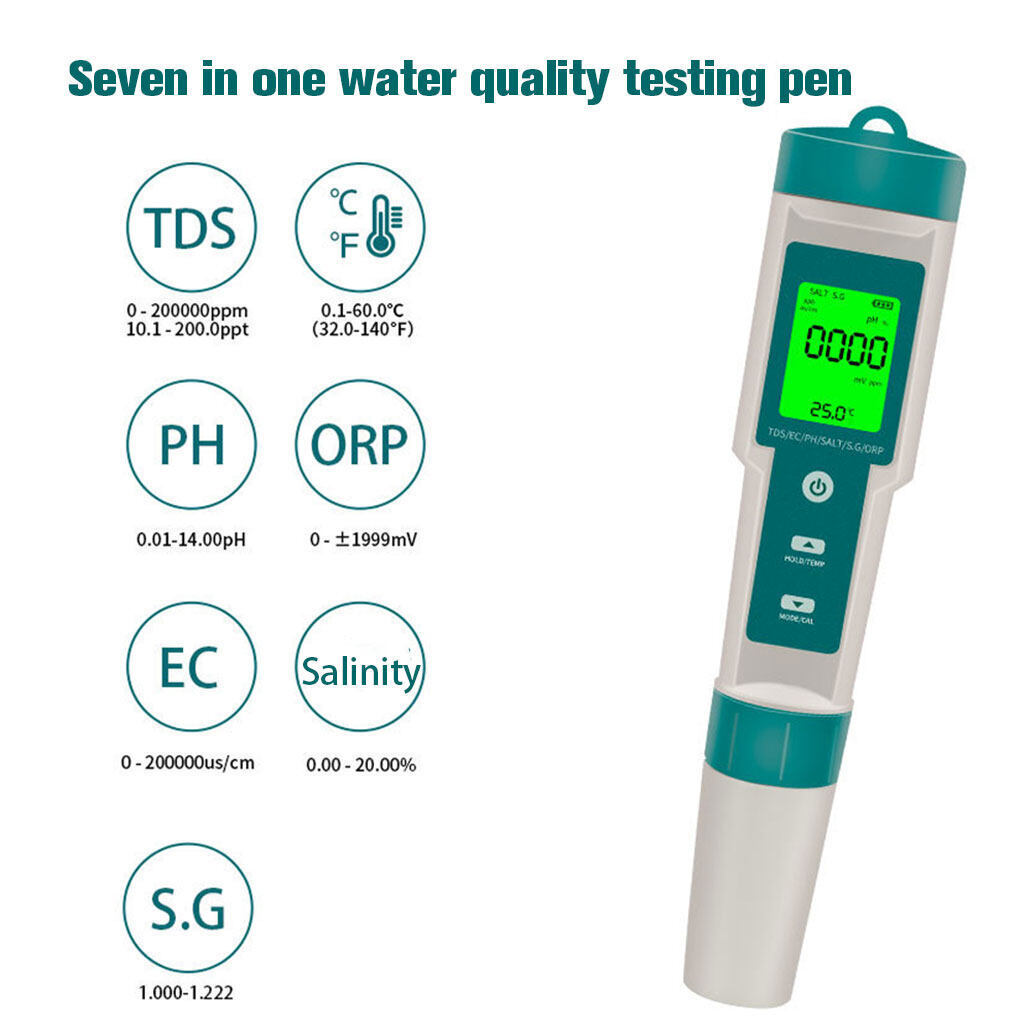 7 In 1 PH Meter TDS/EC/Salt/Temp Water Quality Monitor Tester Pen Pool Aquarium 6