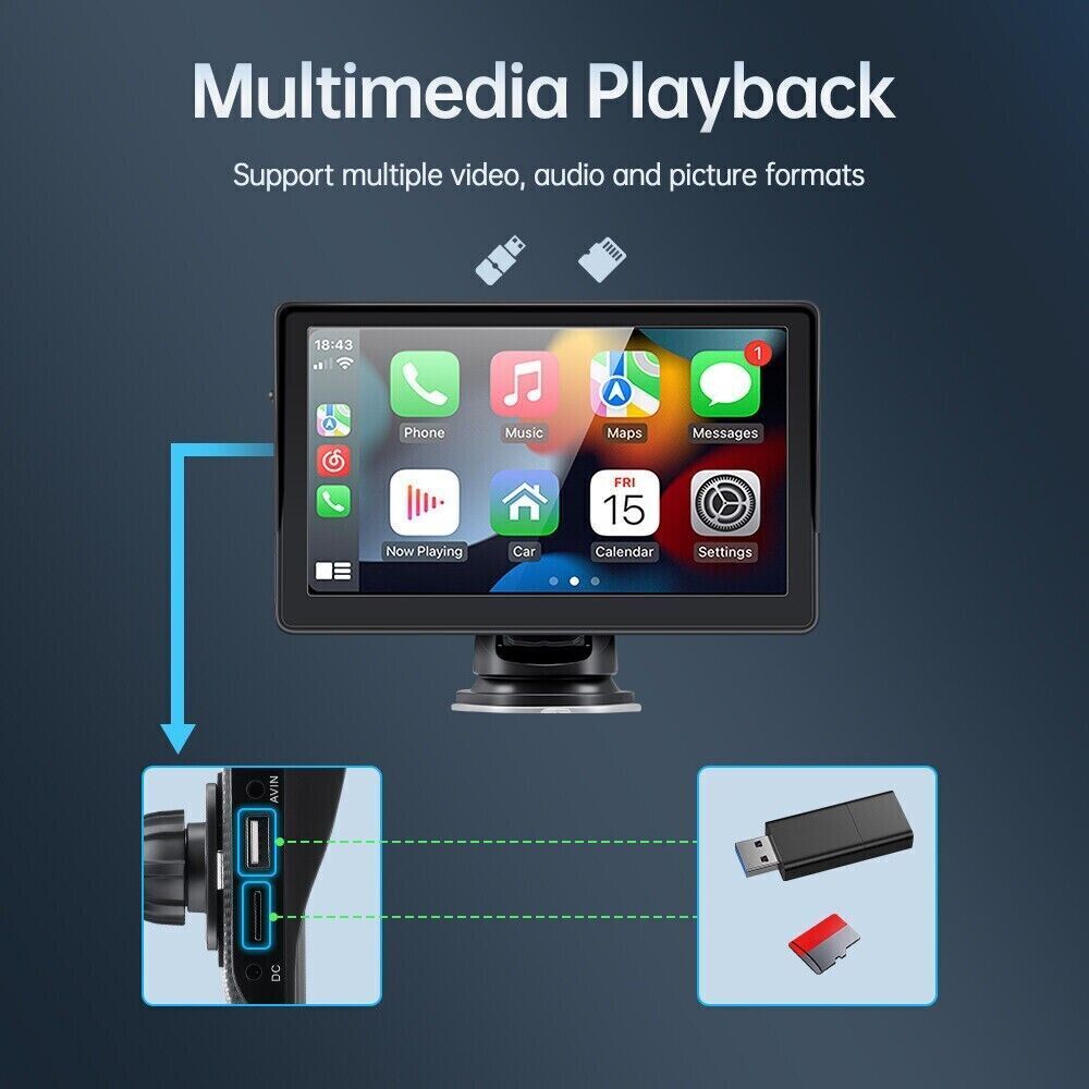 7 inch Portable Wireless Car Radio Auto Stereo Apple Carplay Android Bluetooth + Cam 9