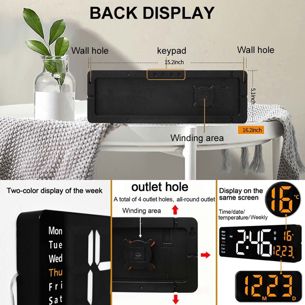 16" Orange Large Digital Big Jumbo LED Wall Desk Clock Display With Temperature Calendar 6