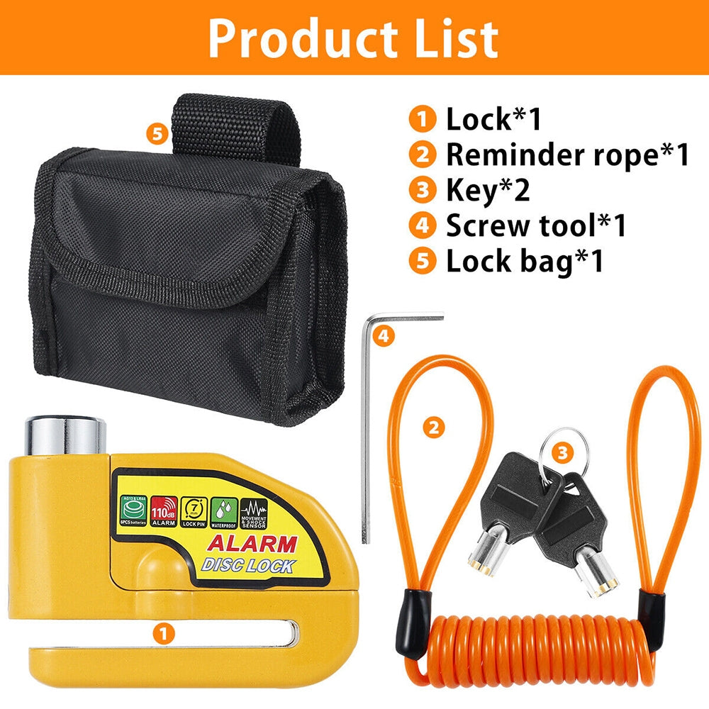 Motorcycle Alarm Disc Lock Electric Rotor Lock Motor Bicycle Bike Brake Security Yellow 3