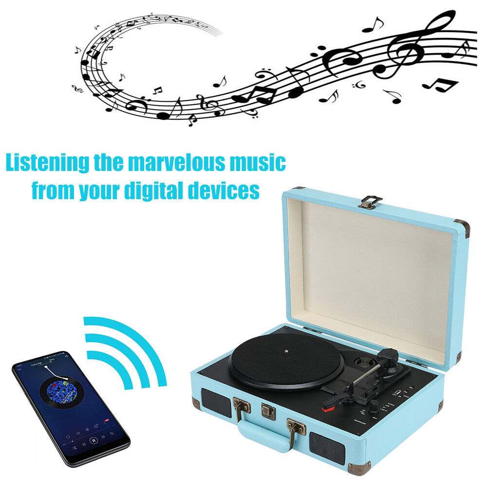 Blue Retro Briefcase Vinyl Record Player Suitcase 3 Speed Turntable Stereo Christmas 4