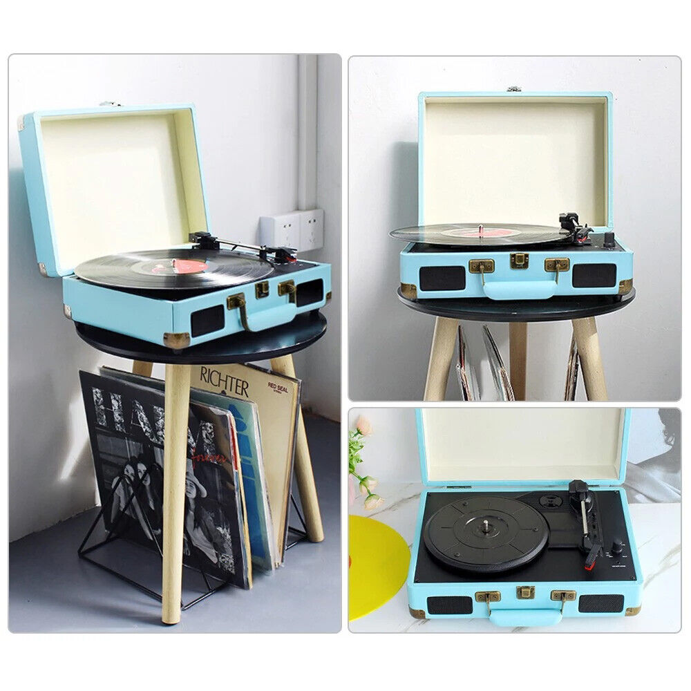 Blue Retro Briefcase Vinyl Record Player Suitcase 3 Speed Turntable Stereo Christmas 5