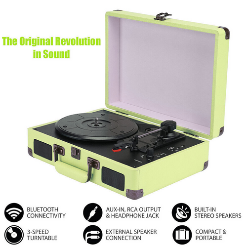Record Player Vinyl Turntable Bluetooth Speakers Retro Briefcase USB (Turquoise) 5