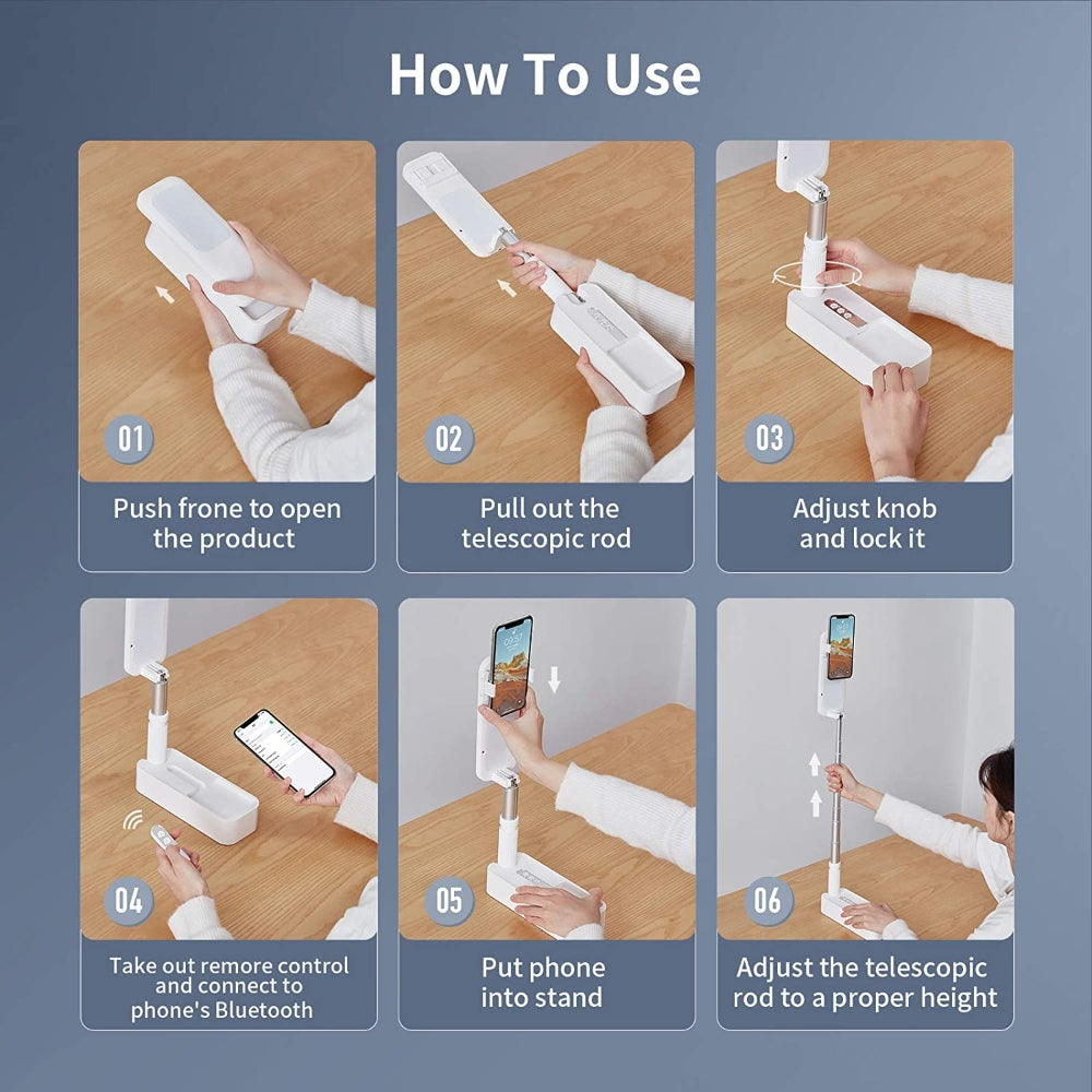 LED Portable Phone Holder Stand Wireless Remote Dimmable Selfie Fill Light Lamp White 5