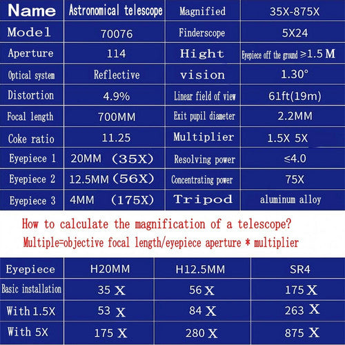 Pro Astronomical Telescope 114mm Aperture 875X Zoom HD High Resolution 13