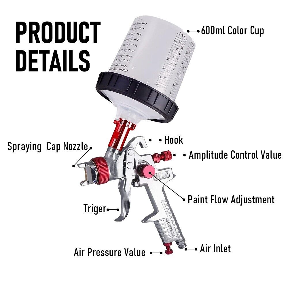 Air HVLP Spray Gun Paint Gun 600CC Gravity Feed Cup 1.4mm 1.7mm 2mm Tip AU Stock 9