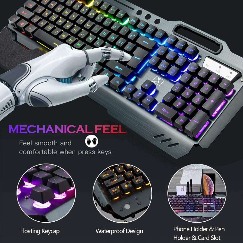 104 Keys Wireless Gaming Keyboard Mouse Set+Mouse Pad, RGB LED Backlit PC/Laptop Black-Rainbow 4