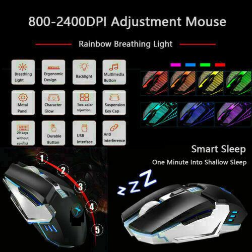 104 Keys Wireless Gaming Keyboard Mouse Set+Mouse Pad, RGB LED Backlit PC/Laptop Black-Rainbow 6