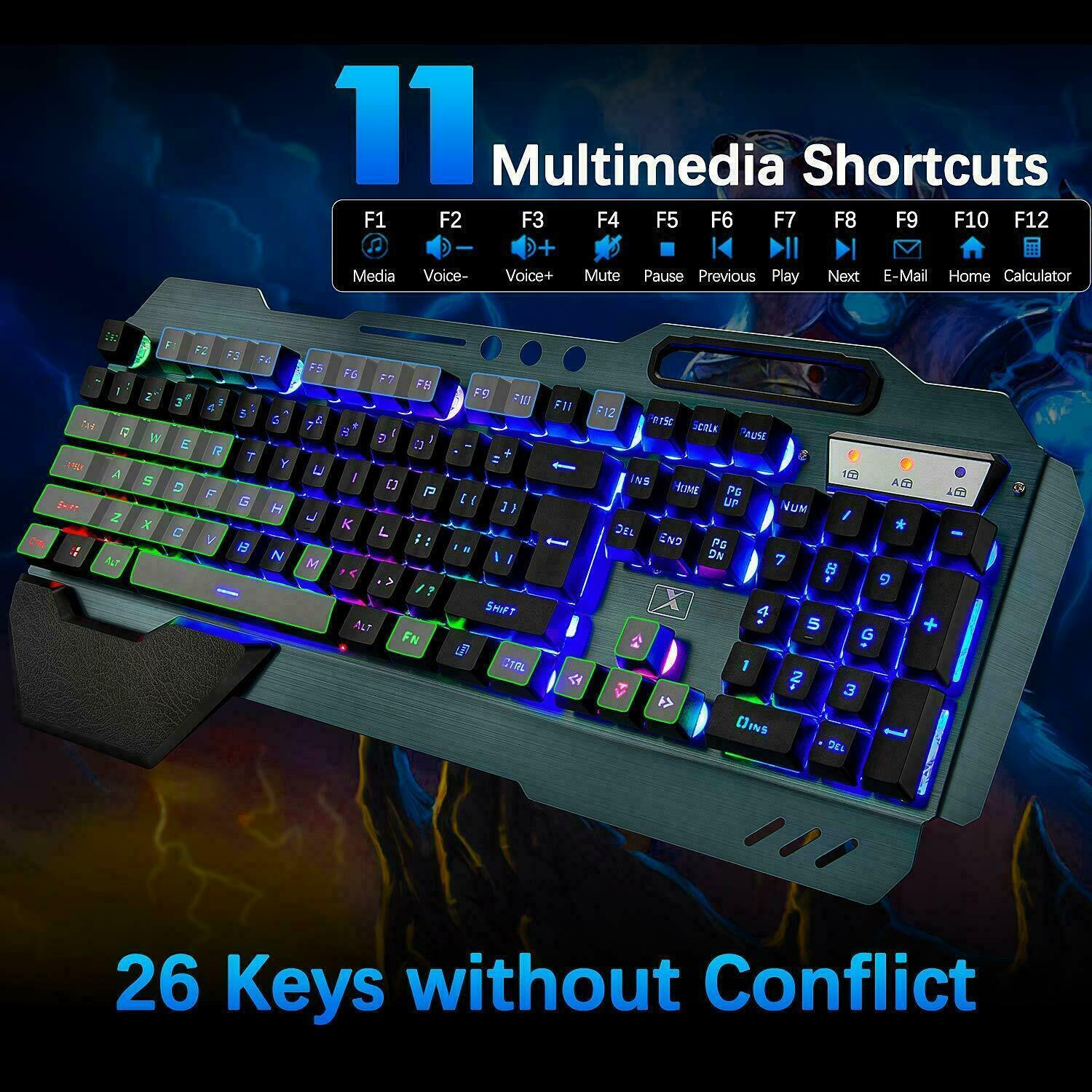 104 Keys Wireless Gaming Keyboard Mouse Set+Mouse Pad, RGB LED Backlit PC/Laptop Black-Rainbow 7