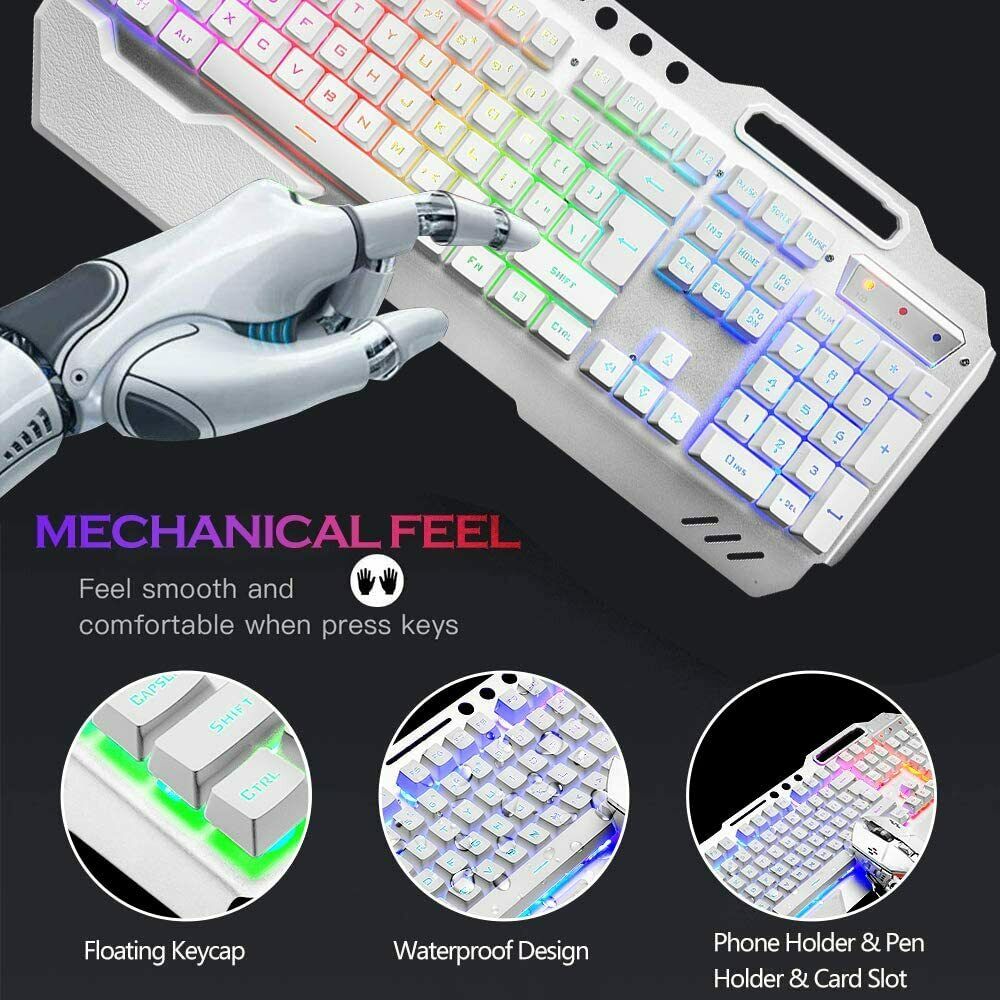104 Keys Wireless Gaming Keyboard Mouse Set+Mouse Pad, RGB LED Backlit PC/Laptop White-RGB 3