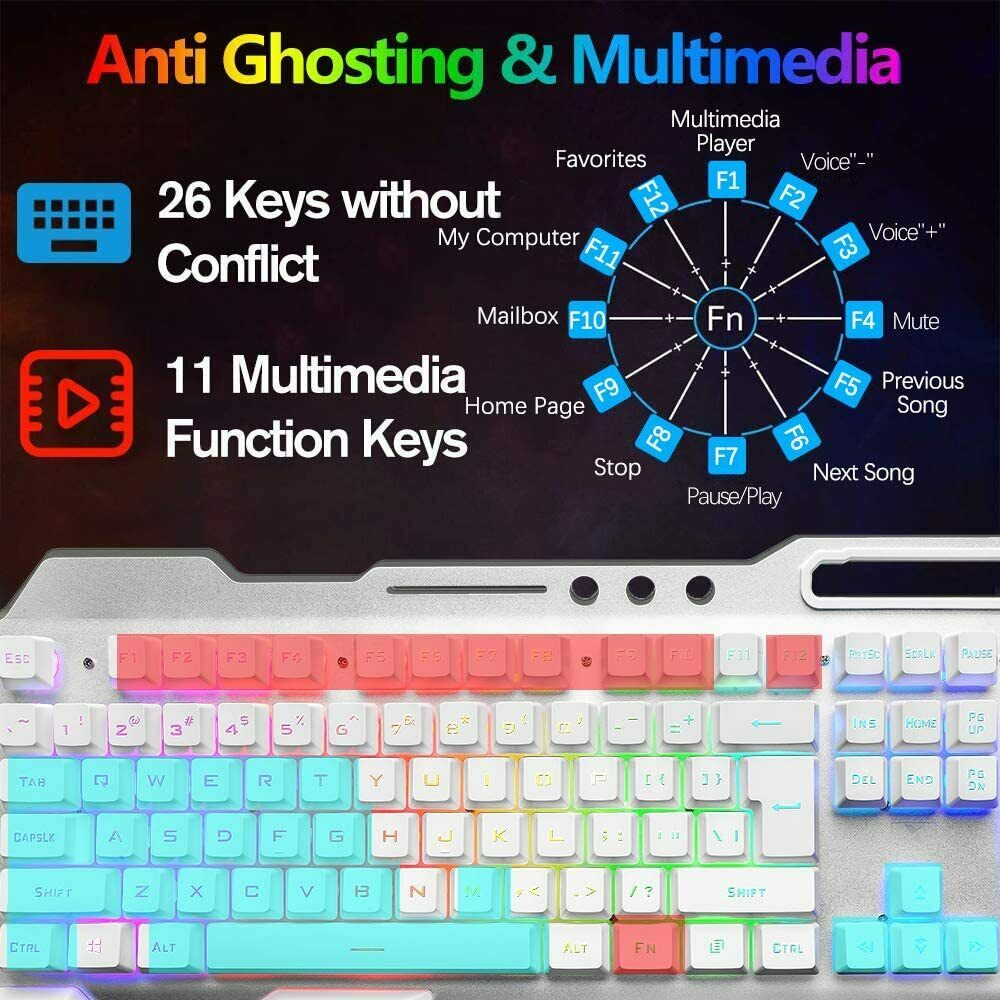 104 Keys Wireless Gaming Keyboard Mouse Set+Mouse Pad, RGB LED Backlit PC/Laptop White-RGB 5