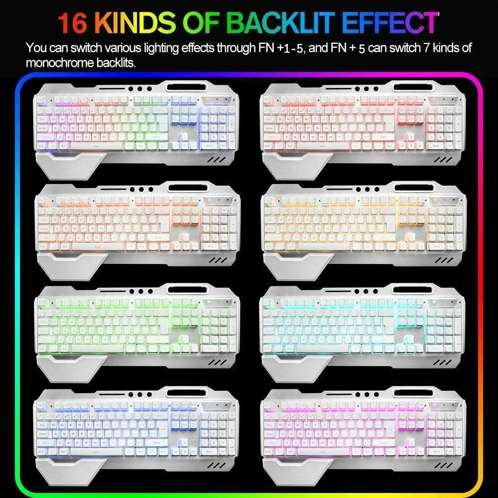 104 Keys Wireless Gaming Keyboard Mouse Set+Mouse Pad, RGB LED Backlit PC/Laptop White-RGB 6