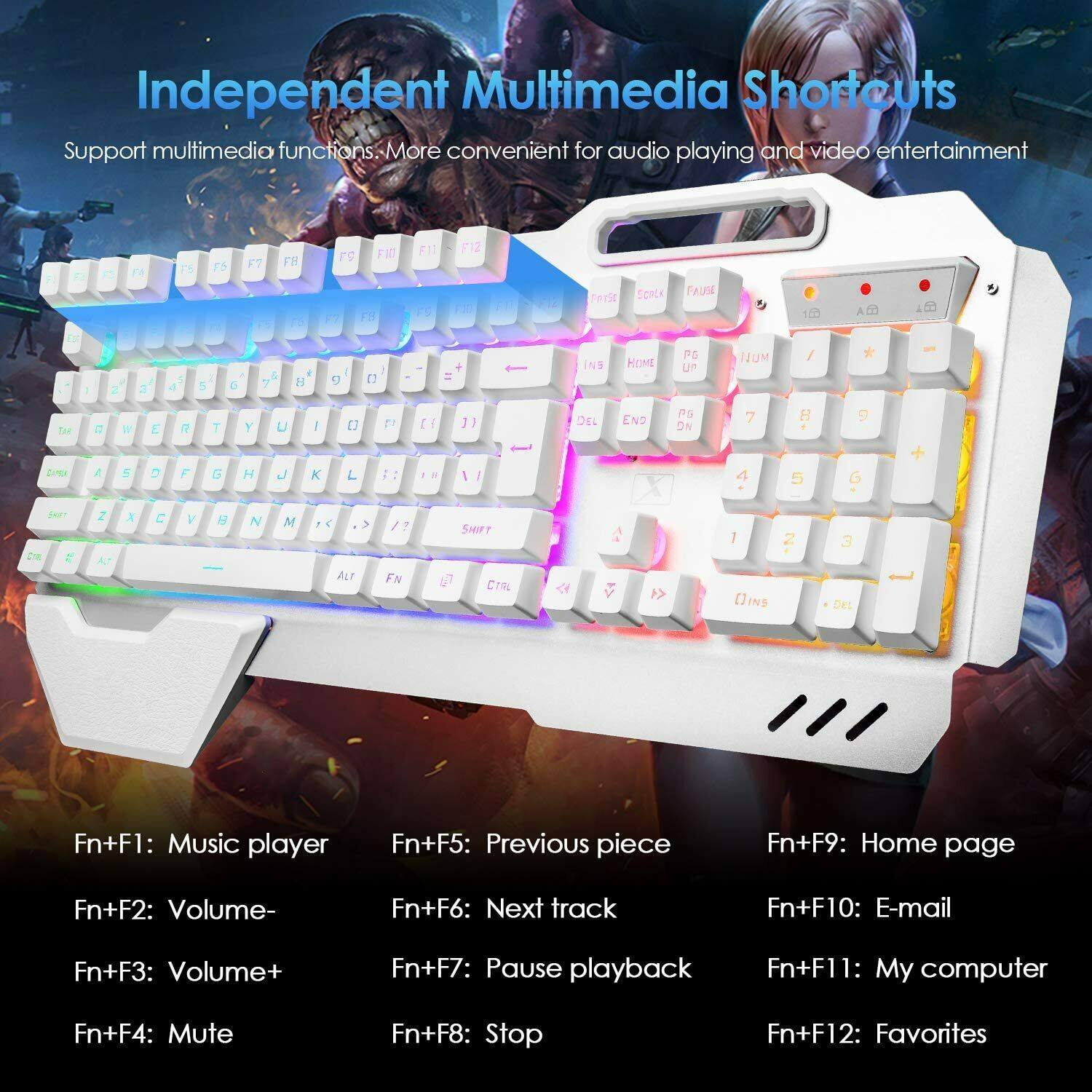 104 Keys Wireless Gaming Keyboard Mouse Set+Mouse Pad, RGB LED Backlit PC/Laptop White-RGB 7