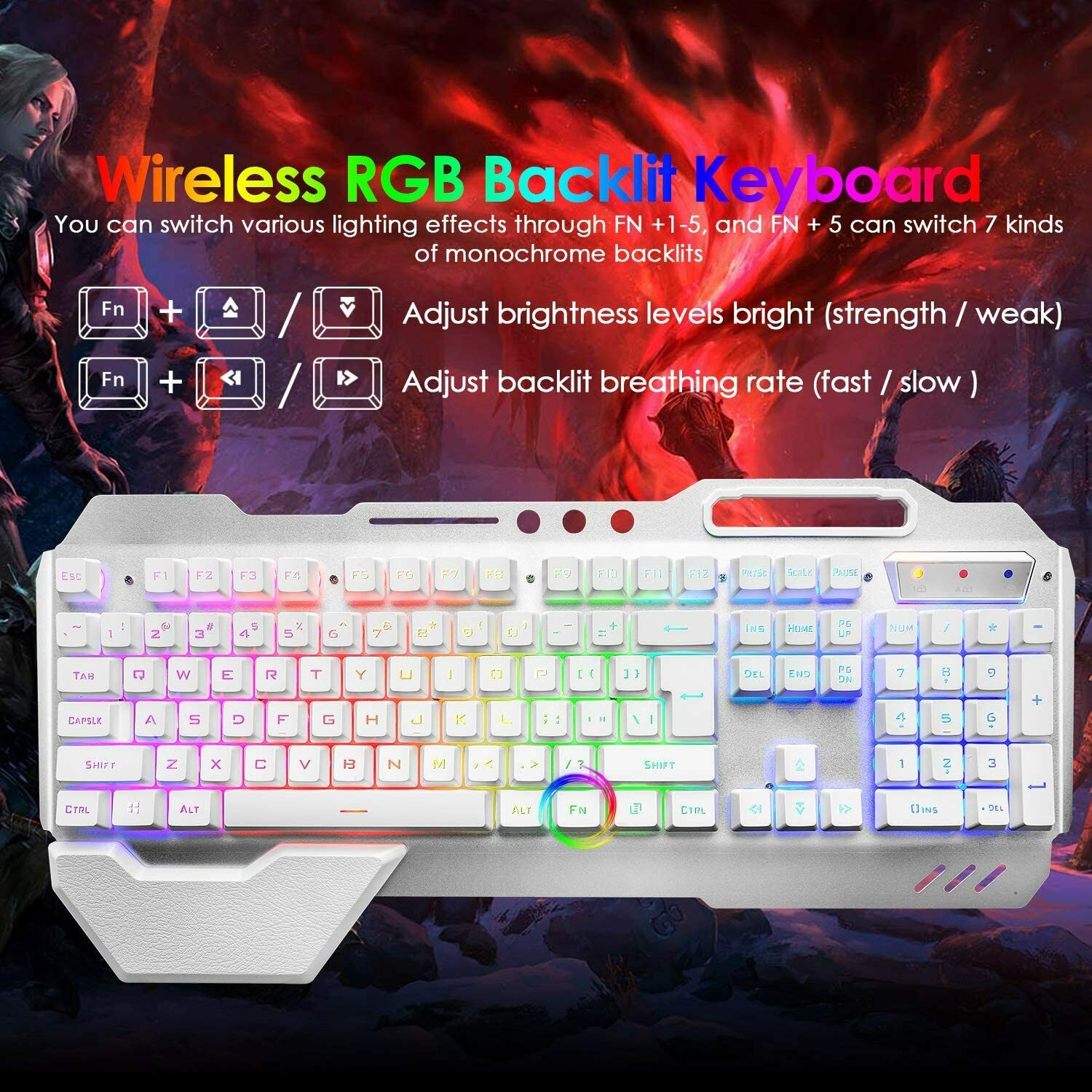 104 Keys Wireless Gaming Keyboard Mouse Set+Mouse Pad, RGB LED Backlit PC/Laptop White-RGB 8