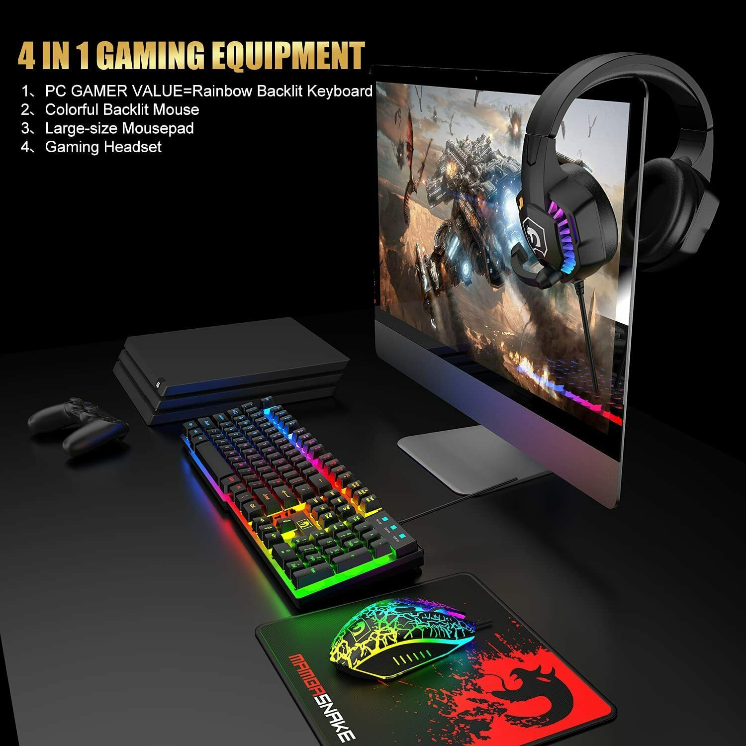 Gaming Keyboard & Mouse & Headset & Mousepad Set RGB Backlit Wired for PC Laptop 5
