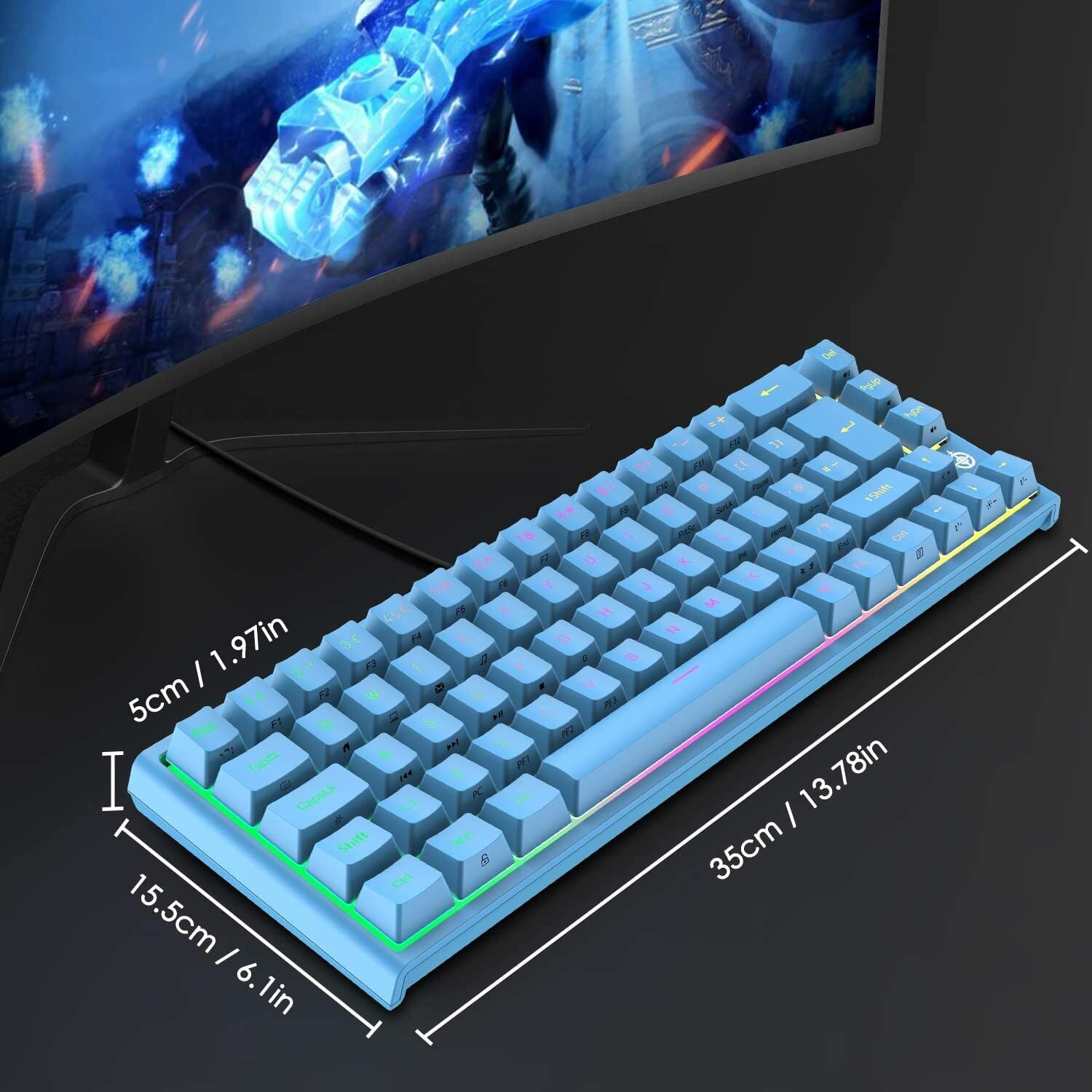 67 Keys Layout Design Mechanical Gaming Keyboard PC PS4 RGB Backlight Wired USB Blue 3