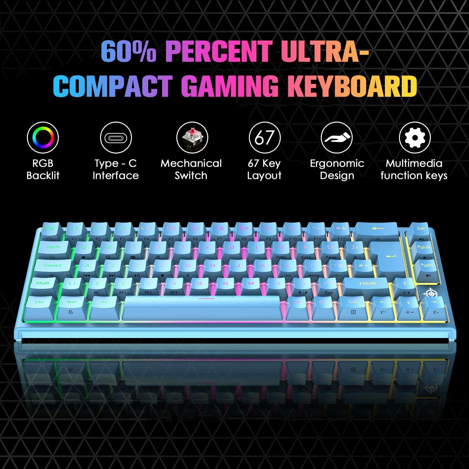 67 Keys Layout Design Mechanical Gaming Keyboard PC PS4 RGB Backlight Wired USB Blue 5