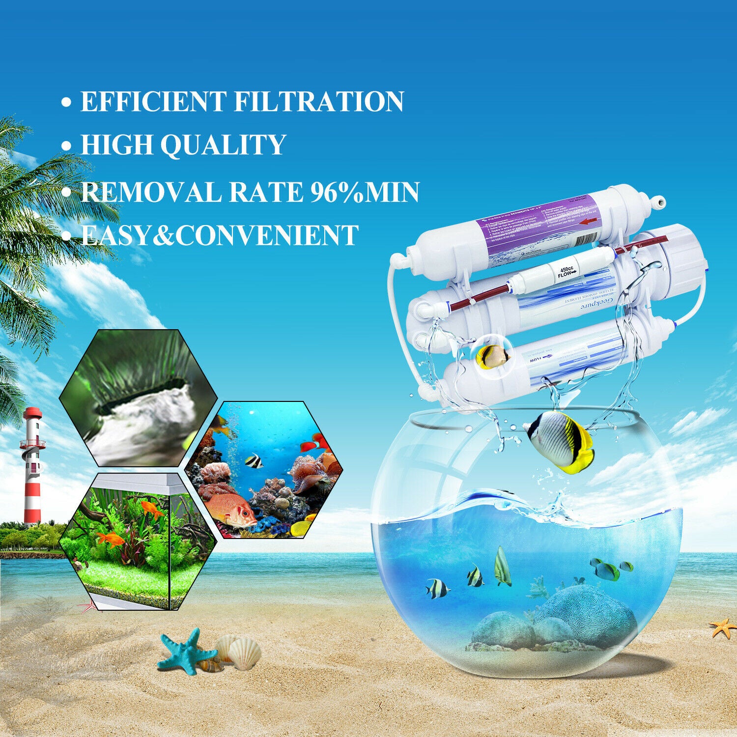 3 Stage Portable Aquarium Countertop Reverse Osmosis Water Filter System 100GPD