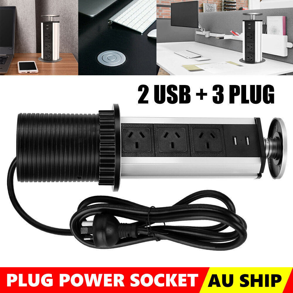 Pop Up Power Point 3 Socket Plug + 2 USB Table Home Kitchen Desk Outlet 3