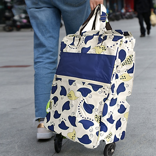 Shopping Trolley Cart Bag Foldable Wheels Carts Bags Market Luggage Basket blue leaves 3