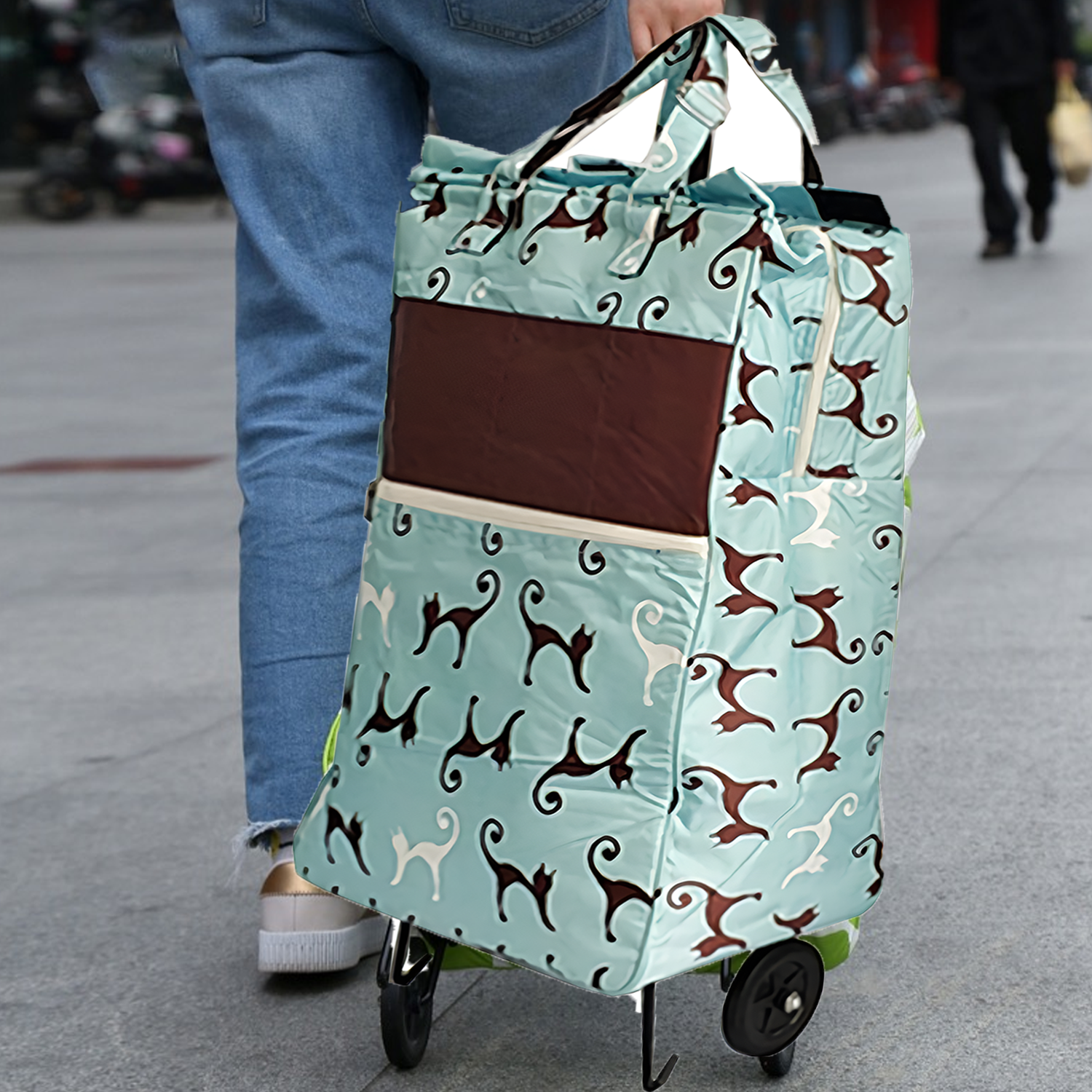 Shopping Trolley Cart Bag Foldable Wheels Carts Bags Market Luggage Basket sky blue cat 3