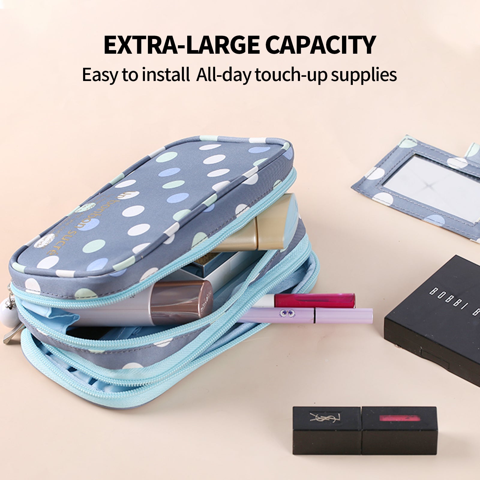 2 Layer Makeup Bag w/ Mirror Travel Cosmetic Bag Organizer Brush Slots Portable 4