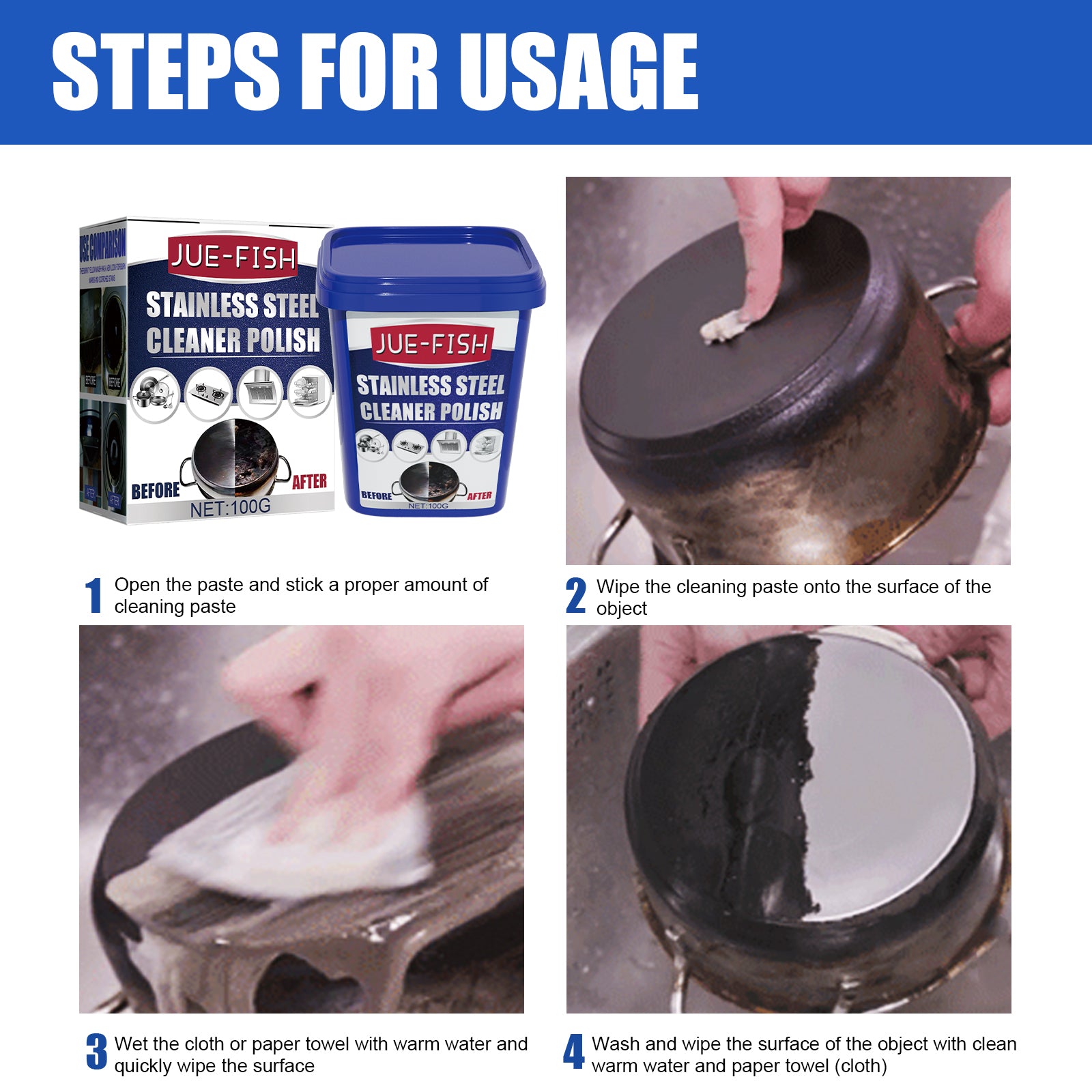 Jue-Fish Stainless Steel Cleaning Cream, Kitchen Decontaminant Pot Rust, Pot Bottom, Stove Top Black Scale Cleaning Cream 3