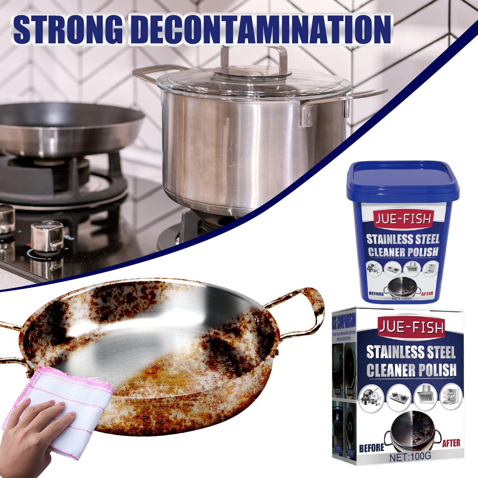 Jue-Fish Stainless Steel Cleaning Cream, Kitchen Decontaminant Pot Rust, Pot Bottom, Stove Top Black Scale Cleaning Cream 4