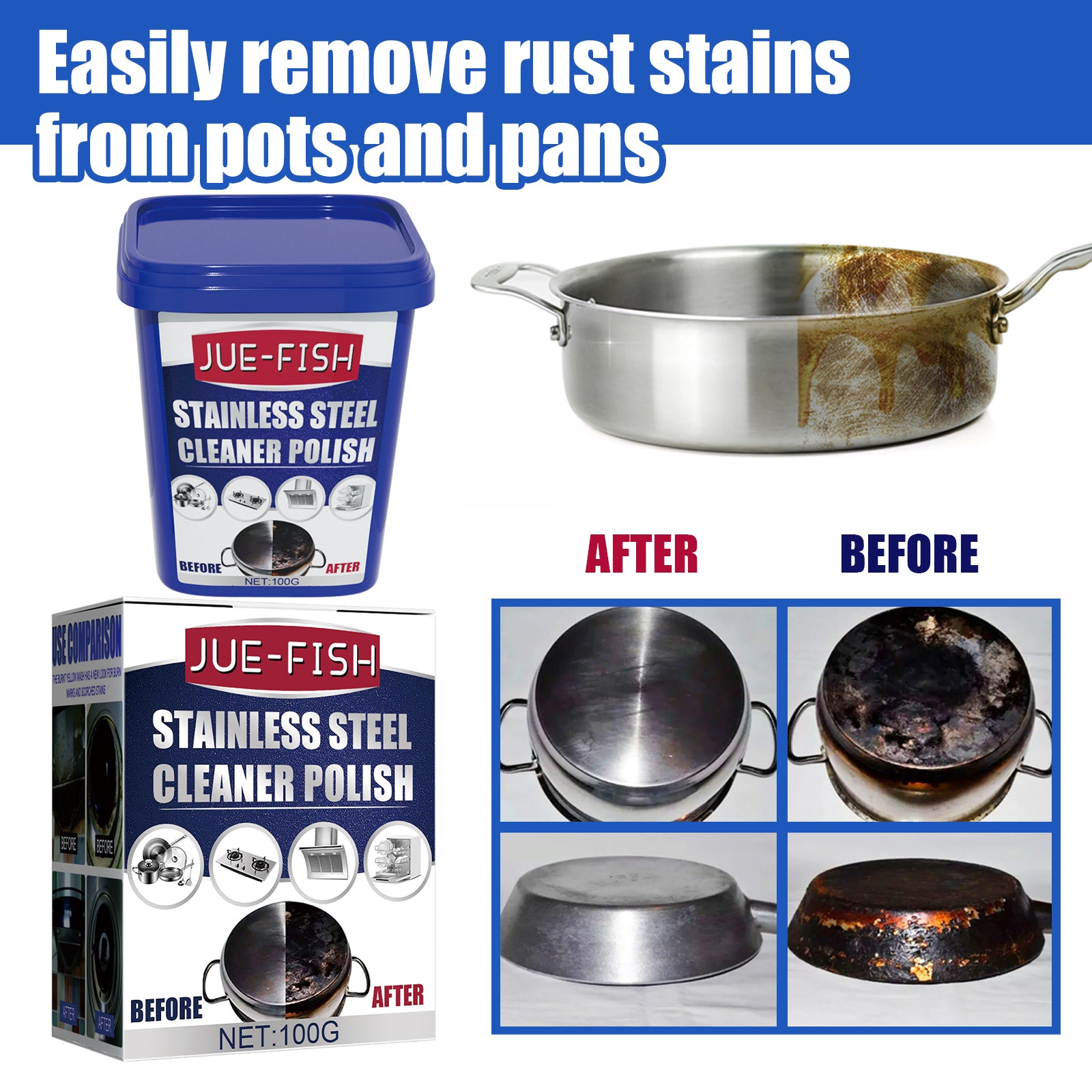 Jue-Fish Stainless Steel Cleaning Cream, Kitchen Decontaminant Pot Rust, Pot Bottom, Stove Top Black Scale Cleaning Cream 6