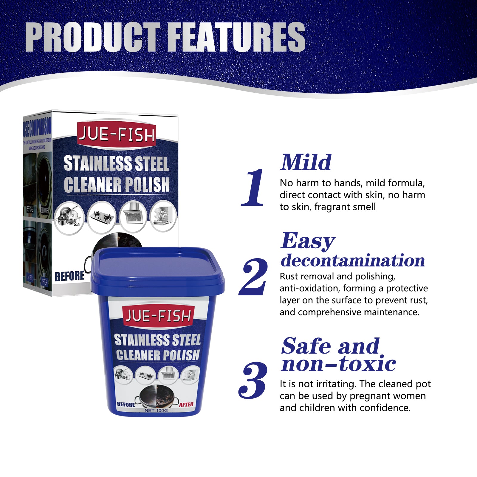Jue-Fish Stainless Steel Cleaning Cream, Kitchen Decontaminant Pot Rust, Pot Bottom, Stove Top Black Scale Cleaning Cream 8
