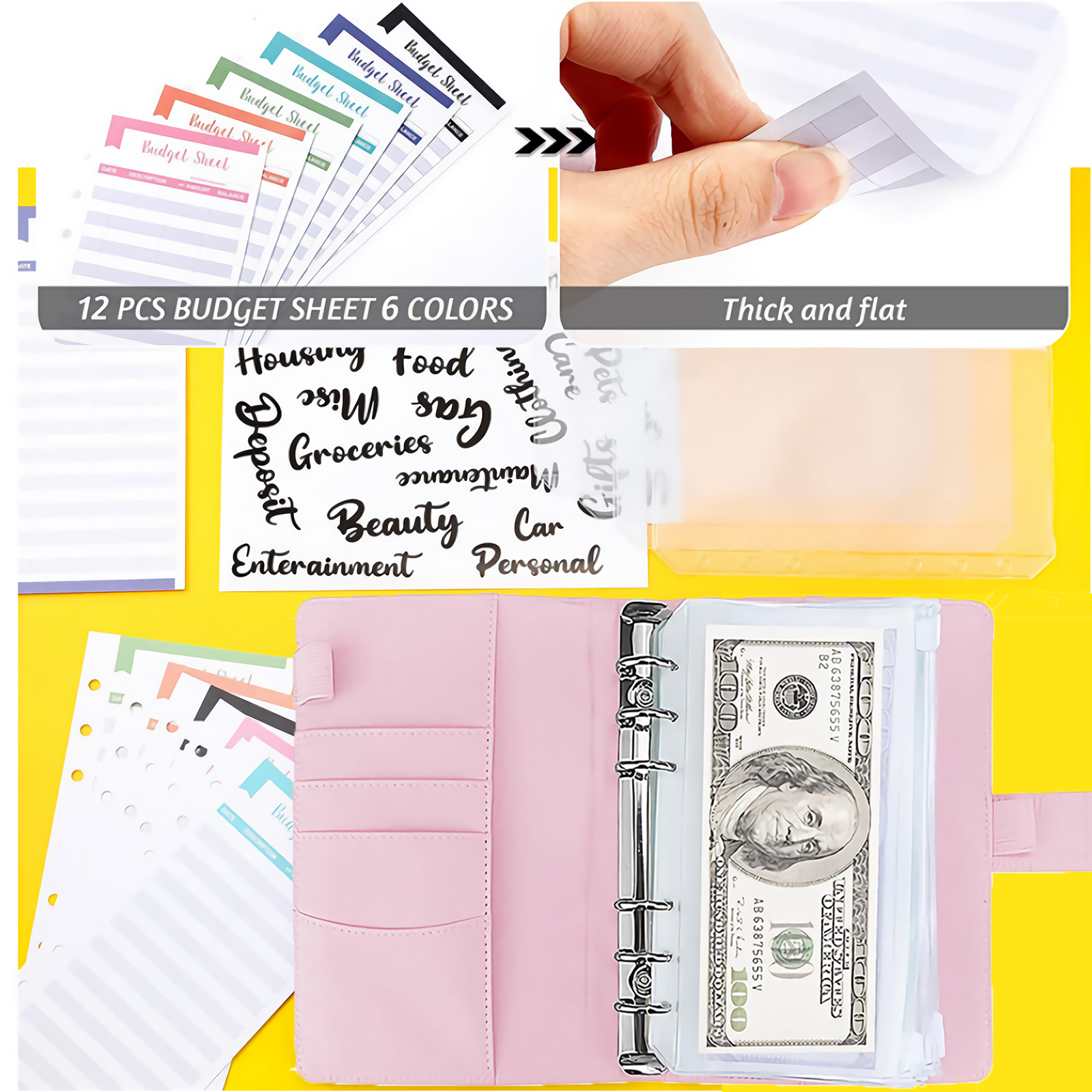 A6 PU Leather Notebook Binder Budget Planner Organizer Cover Cash Pockets Sheets 8
