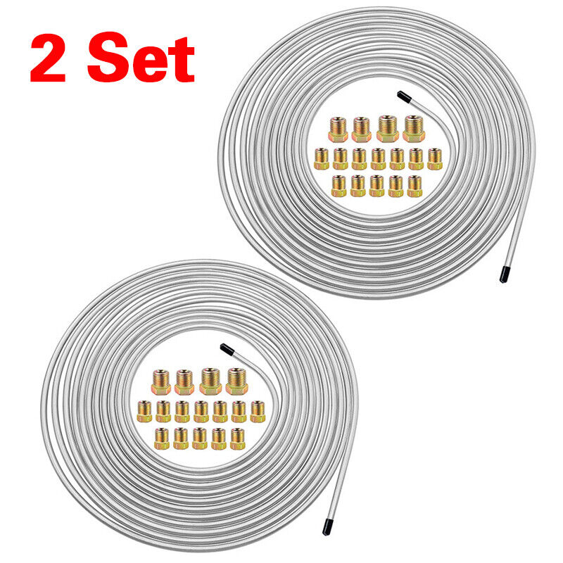 2 Packs 3/16 inch Brake Line Kit 25Ft Tube Rolls Zinc Steel with 32 Fittings NEW 6