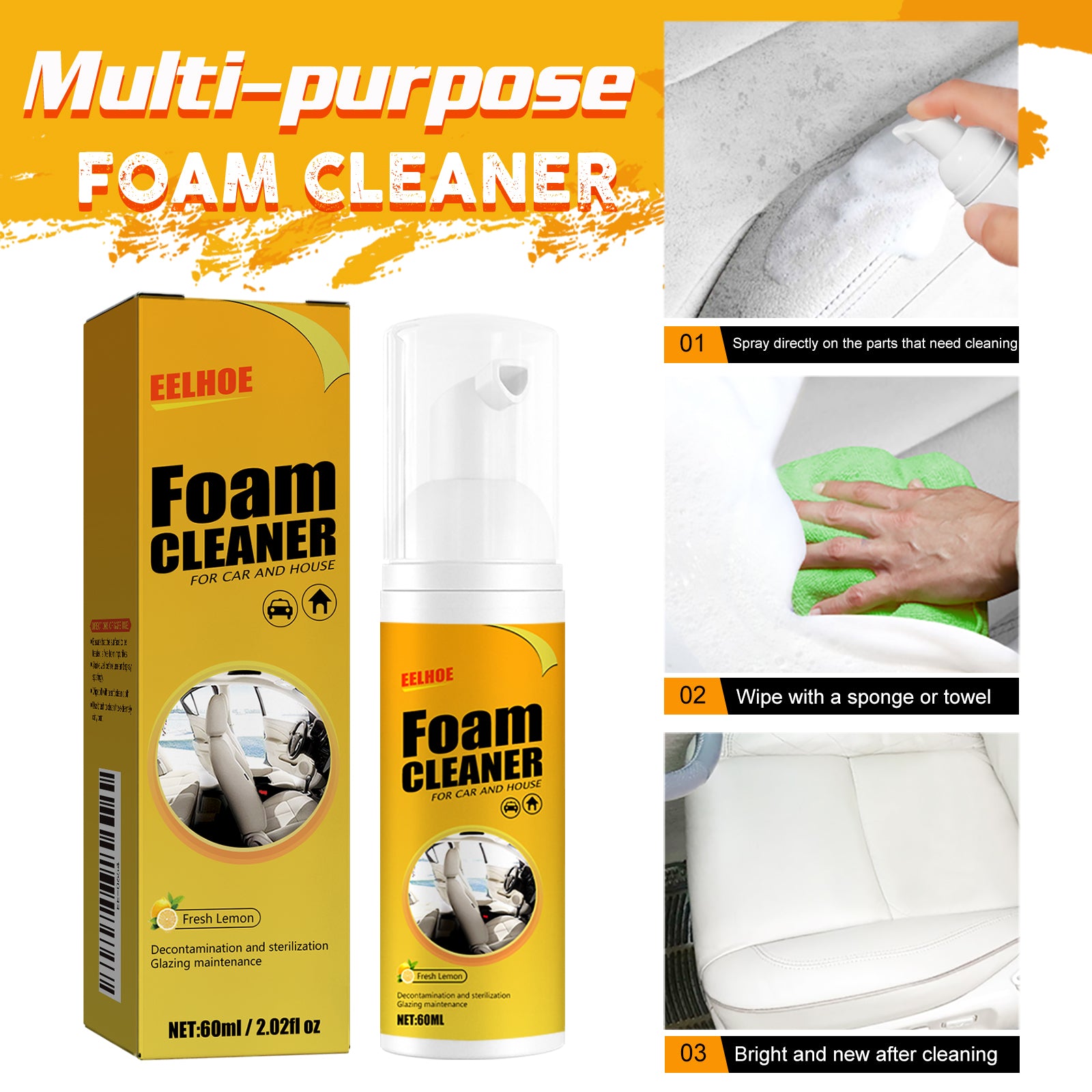 Foam Cleaner, Leather Seat Supplies Decontamination Multi-Functional Interior Cleaner 3