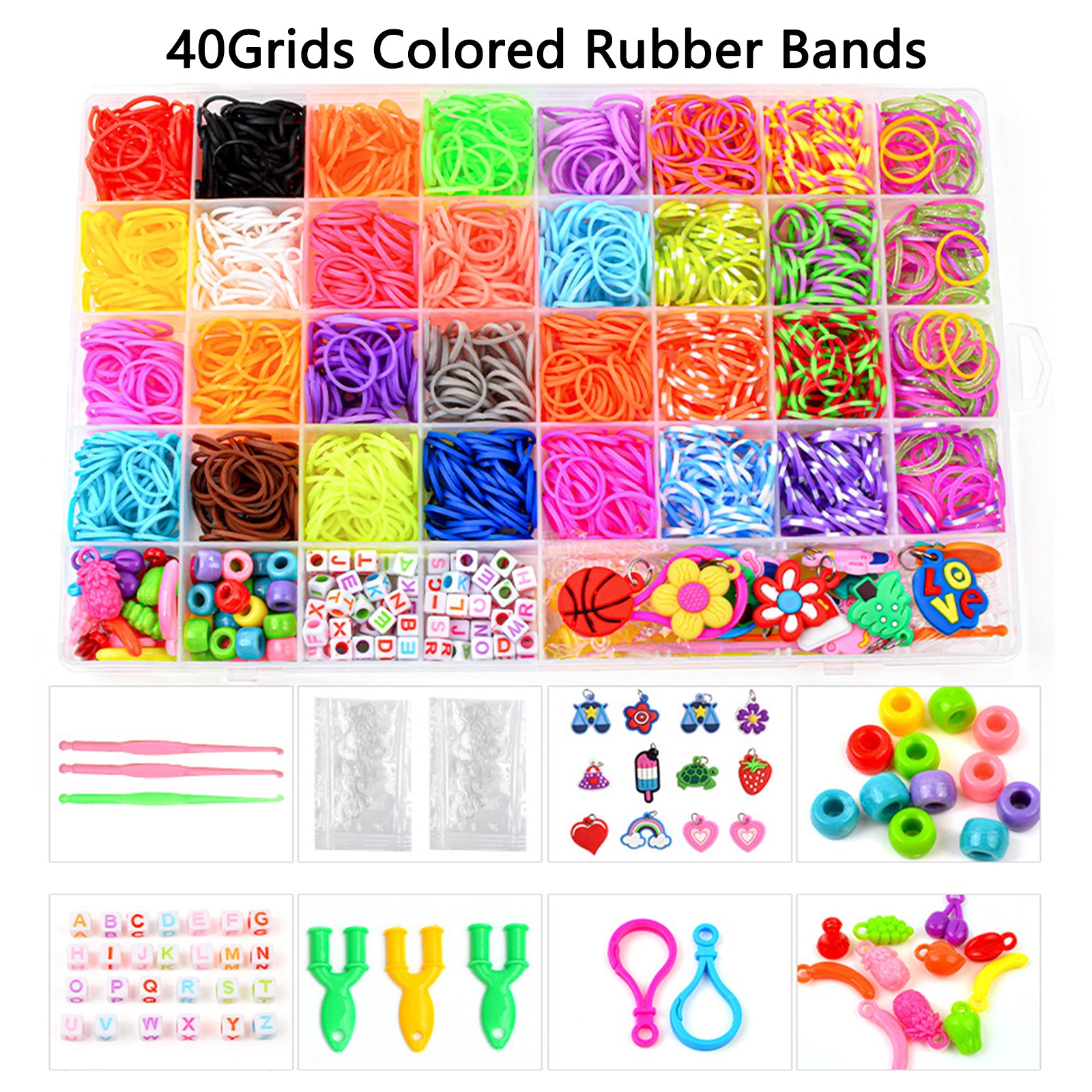 40Grids Rainbow Loom Bands Rubber Bracelet Making Kit S Clips Beads DIY Toys 6