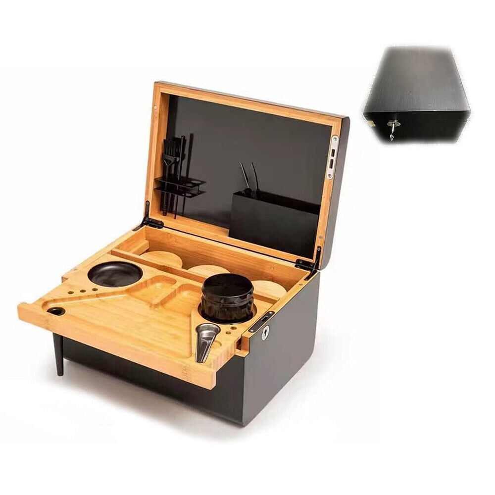 Wooden Storage Chest With Movable Tray Wood Lockable Stash Box Rolling Tray Gift 6