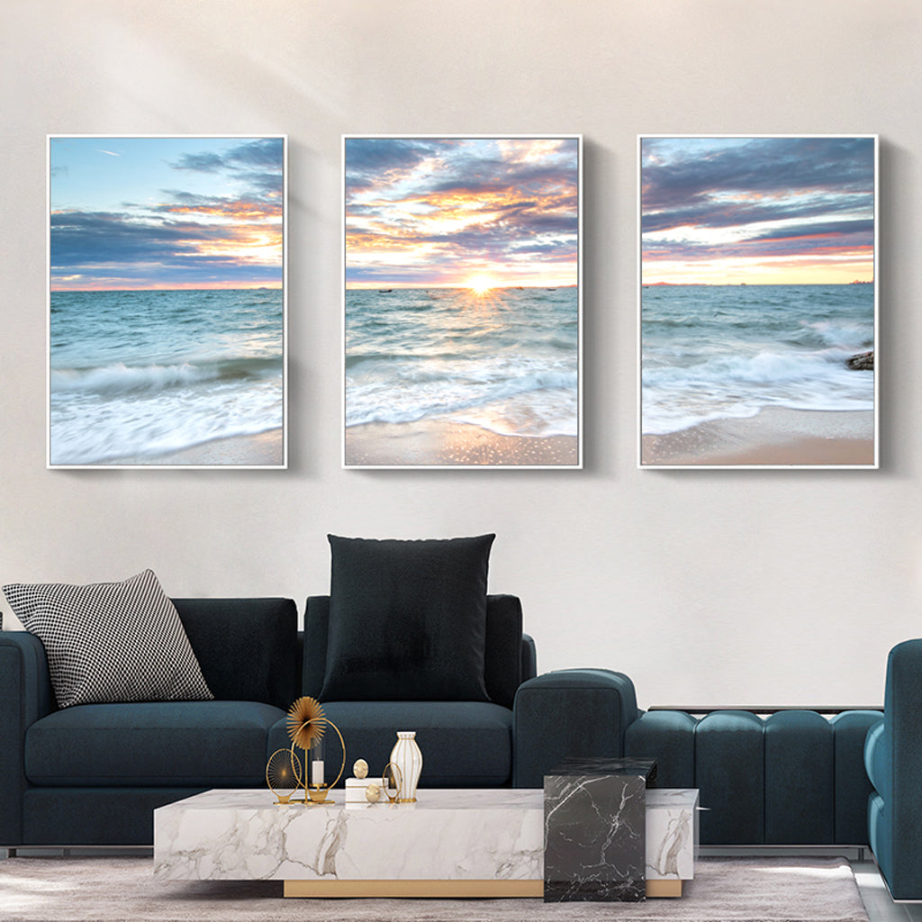 Wall Art 40cmx60cm Sunrise by the ocean 3 Sets White Frame Canvas 4