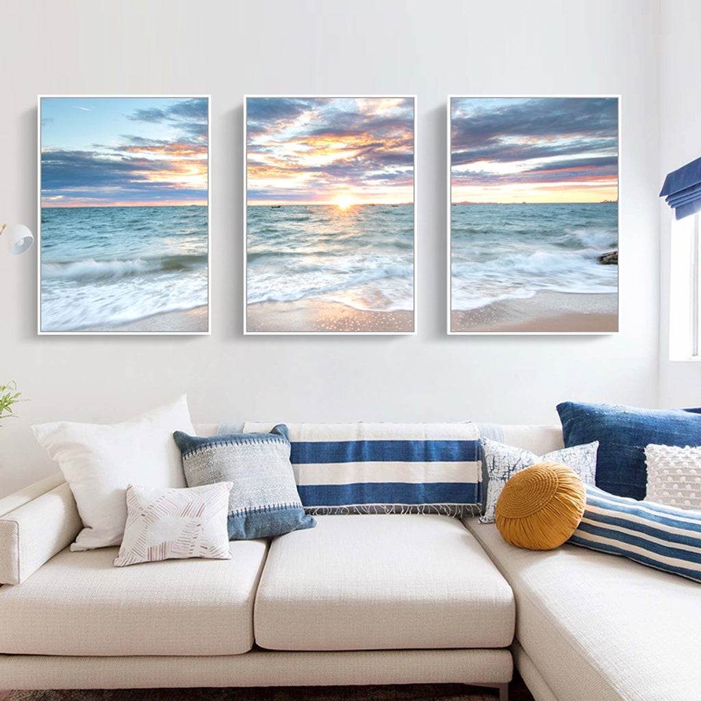 Wall Art 50cmx70cm Sunrise by the ocean 3 Sets White Frame Canvas 3