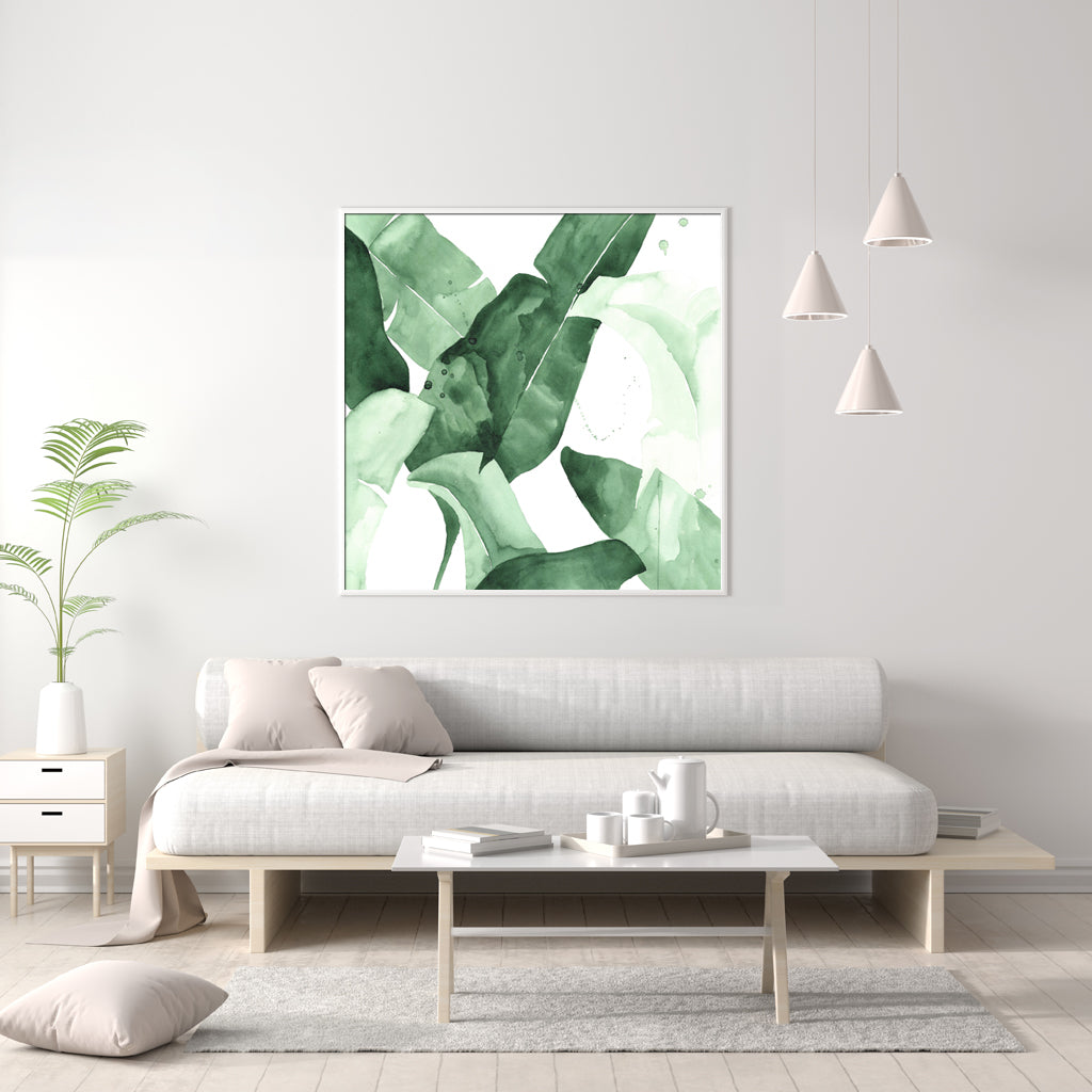 Wall Art 60cmx60cm Tropical Leaves Square Size White Frame Canvas 3