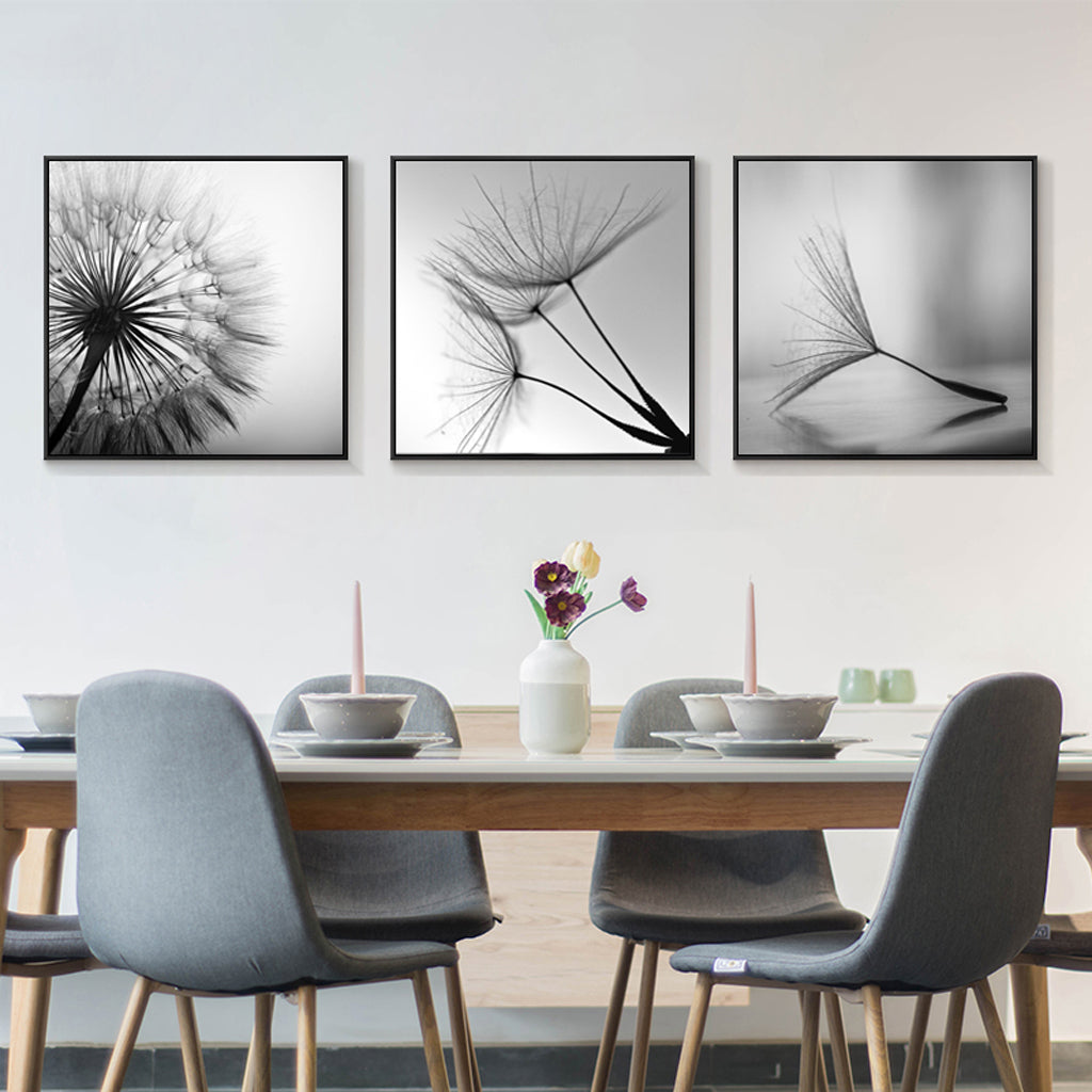 Wall Art 50cmx50cm Botanical dandelions 3 Sets Black Frame Canvas 3