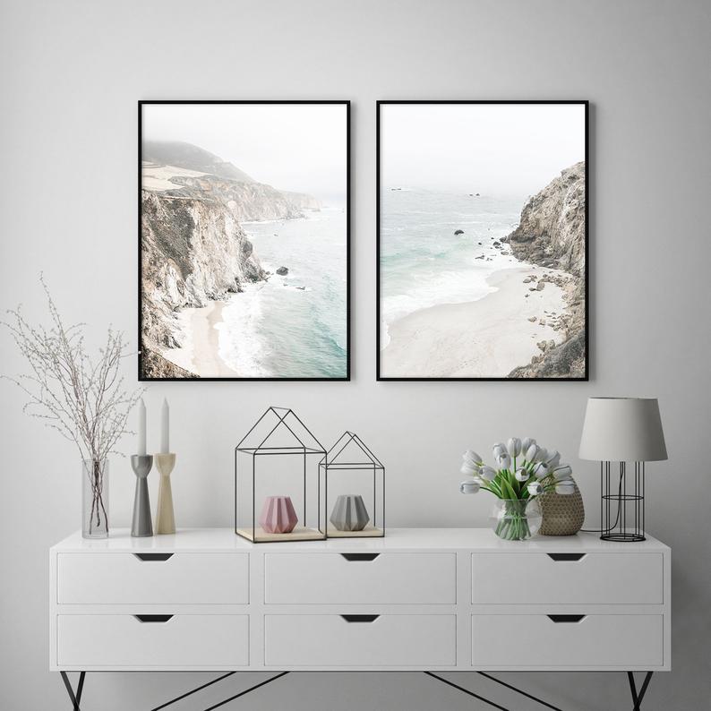 Wall Art 50cmx70cm Mountain Beach 2 Sets Black Frame Canvas 3